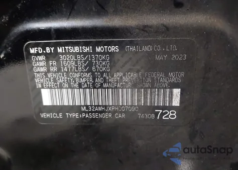 2023 Mitsubishi Mirage Black Edition из США, поврежденный, VIN ML32AWHJXPH007090